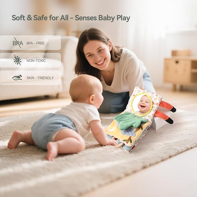 let's make Elephant Soft Baby Books for 0-6-12 Months, Montessori Sensory Tummy Time Toys with Crinkle & Mirror, Teething Toy, Washable Newborn for Boys Girls