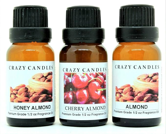 Crazy Candles 3 Bottles Set, 1 Honey Almond, 1 Cherry Almond, 1 Almond 1/2 Fl Oz Each (15ml) Premium Grade Scented Fragrance Oils