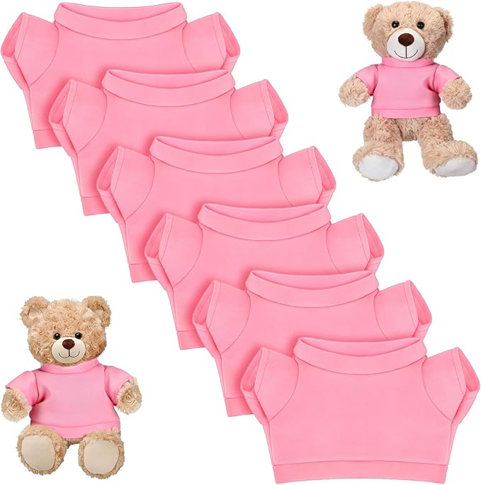 Skylety 6 Pcs Bear Clothes Basic Tee Shirt Classic Stuffed T Shirt Plush Crew Neck for Stuffed Bears Doll with 14 - 18 Inch, Bear Not Included(Pink)