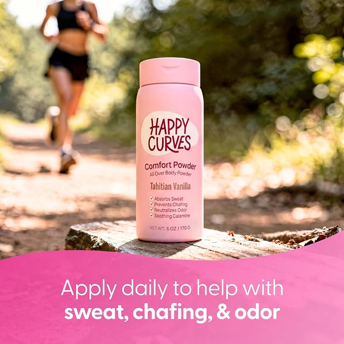 HAPPY CURVES Comfort Powder: Talc Free Anti Chafe Body & Foot Dusting Powder Deodorant to Control Inner Thigh Chafing, and Private Areas 6oz (Pack of 1) - Tahitian Vanilla
