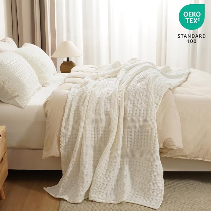 PHF 100% Cotton Waffle Weave Throw Blanket, Lightweight Breathable Summer Blanket for Couch Sofa, Pre-Washed Soft Throws for Bed, Office, Travel & Stylish Home Decor, 50"x60", Ivory