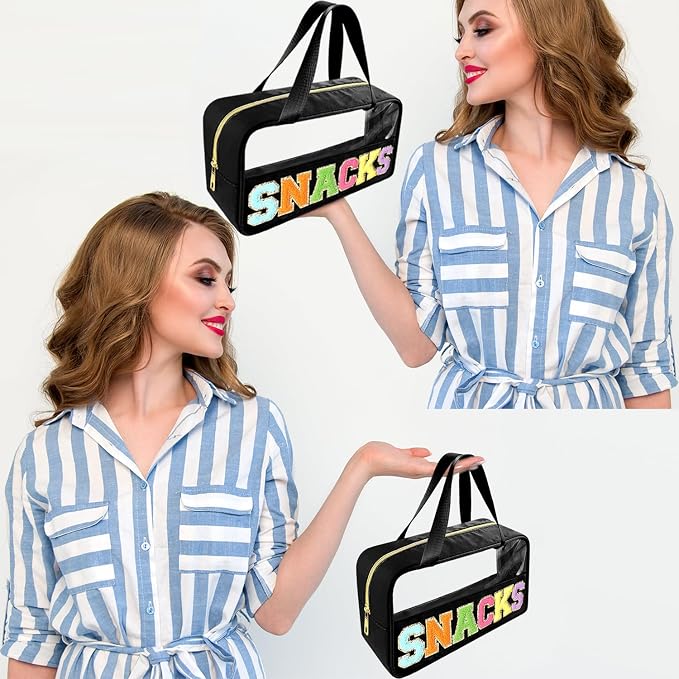 Bunliuys Chenille Letter Clear Makeup Bag Snacks Patch, Travel Toiletry Makeup Bag with Handle, Nylon Waterproof Makeup Bags clear cosmetic bag, preppy patch makeup bag for Women (SNACKS-Black)