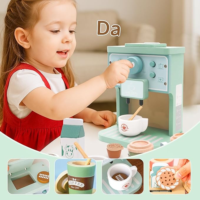 Kids Coffee Playset Toy Coffee Maker Set for Toddler Wooden Kitchen Accessories Pretend Play for Girls Boys Ages Birthday Gifts