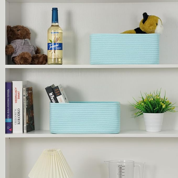 3 Pack Small Storage Baskets for Organizing, 11.8×7.8×5.1", Light Blue | Woven Baskets for shelves, Cotton Rope Basket for Gifts Empty, Closet Organizer Bins with Handles, Cube Decorative Box