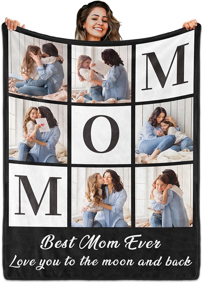 Custom Mom Blanket with 6 Photo & Text, Personalized Birthday Blanket with Picture for Mother, HD Printing Customized Flannel Throw Blanket Gifts for Best Mom Ever