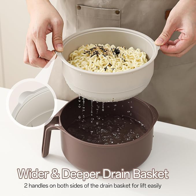 MEACOLIA Jumbo 50 oz Microwave Ramen Cooker Bowl | with Lid & Drain Strainer, Spill-Free, Rapid Noodle Pasta Cooker, College Dorm Essentials for Girls Guys, Apartment Friendly