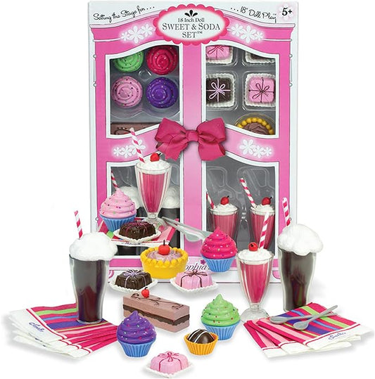 Sophia's 27 Piece Sweet Treats & Soda Fountain Accessories Set with Pretend Drinks and Realistic Desserts for 18" Dolls, Multicolor