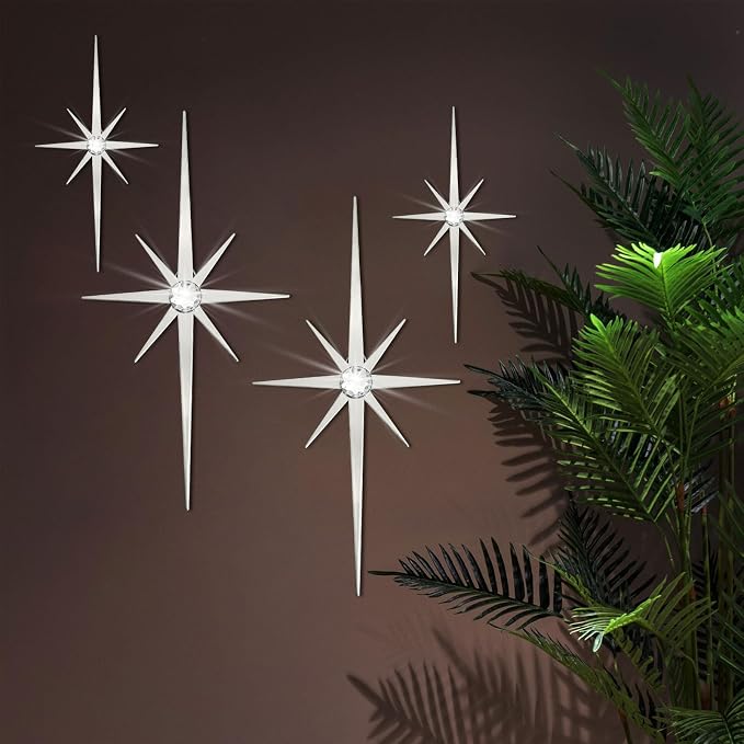 4 Pcs Star Wall Art for Home Decor Living Room Bedroom Office Metal 3D,Bling,with Hanging Hook Starburst Midcentury Sculpture Retro Gallery Accent Celestial -Silver 16.5in/9.4in