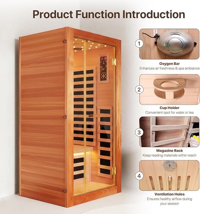 1 Person Infrared Sauna Low EMF Far Infrared Sauna with Speakers Personal Indoor Dry Sauna Room for Home Gym Spa