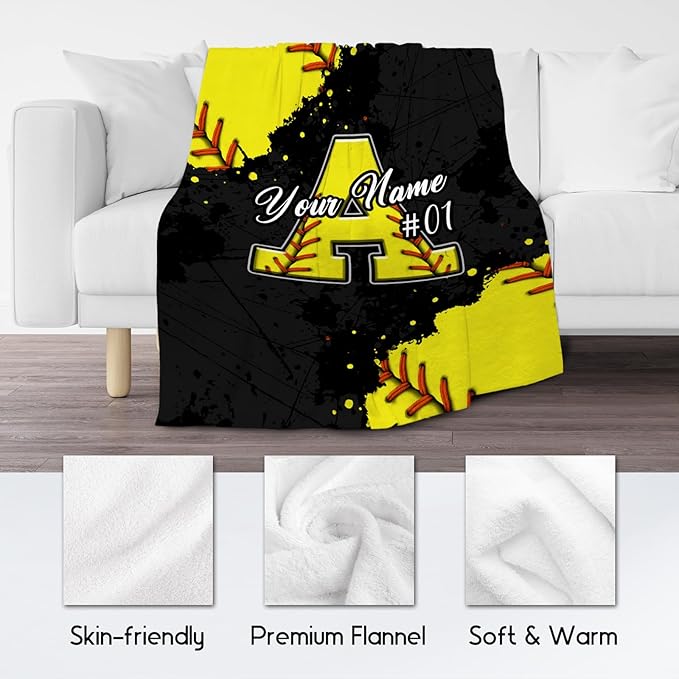 Personalized Softball Blanket - Custom Initial Name Gifts for Girls - Lightweight Soft Sports Throw for Softball Players - 30x40 Inches Chair Blanket Decor Ideas for Kids Daughter