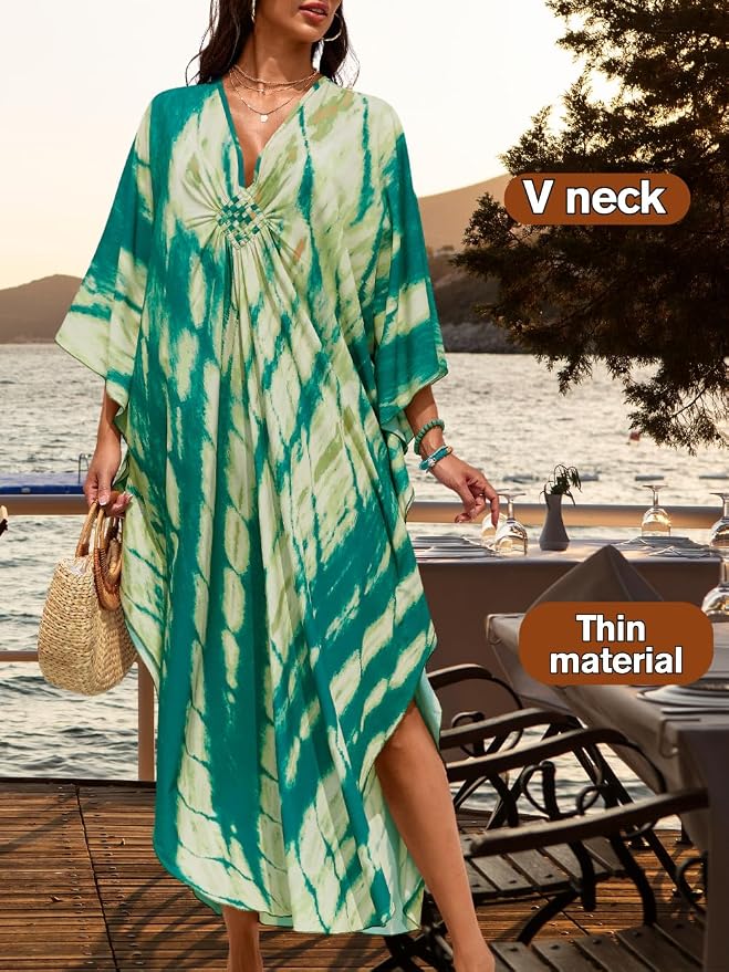 ChiaoLezhee Print Moo-Moos for Women, Kaftan Cover-Up Dresses, Sexy V-Neck High-Slit, Beach Pool-Party Coverups Muumuu Plus