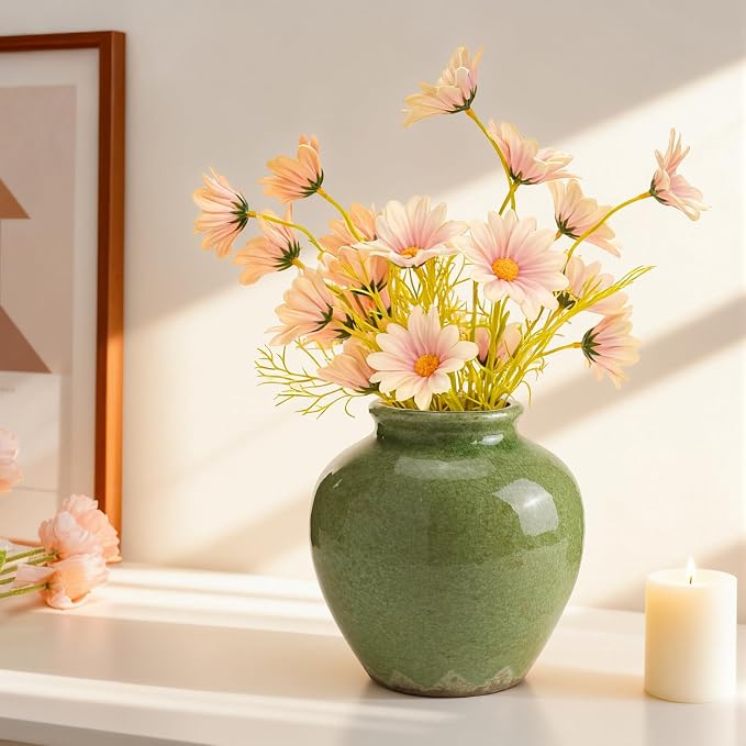 Ceramic Flower Vase Home Decor, 6.2 inch Farmhouse Rustic Vintage Decorative Vases, Pottery Terracotta Boho Flowers Vases for Dining Table, Living Room, Shelf, Kitchen, Bedroom (6.2"-Green)