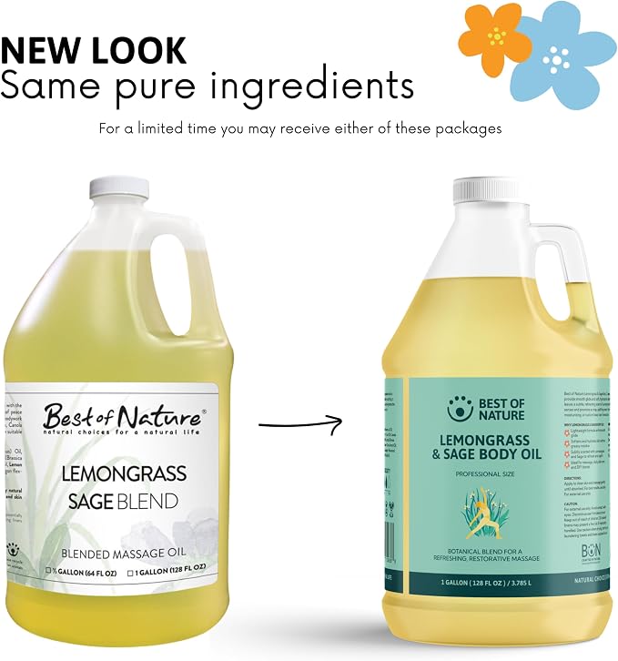 Best of Nature Lemongrass and Sage Massage Oil Blend - Non-Greasy Aromatherapy Massage Oil for Body, Skin & Face, Crafted with Pure Essential Oils, Gallon (128 fl oz)
