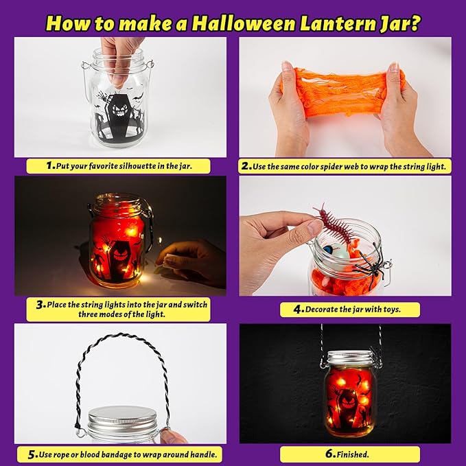 Halloween Crafts for Kids, 4 PCS Mason Jar with Accessories for DIY Craft, Art Party Favor Supplies, Halloween Decoration Trick or Treating, Classroom Art Activities
