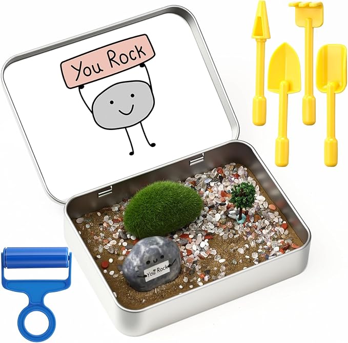 Qunclay Rock Zen Garden Kit - Desk Zen Garden for Anxiety with 'You Rock' Resin Stone, Multicolor Healing Crystal Stones, Mini Tools & Tin Box, Stress Desk Decor for Employees Office Home Dorm