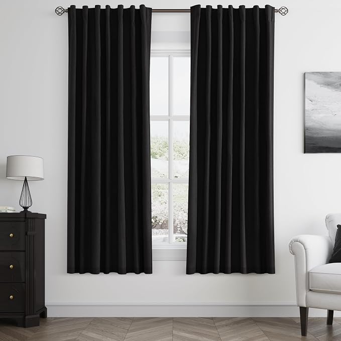 Guken Black 100% Blackout Linen Curtains 63 Inch Length 2 Panels Set for Living Room Bedroom Back Tab Thermal Insulated Black Out Drapes Room Darkening Farmhouse Window Curtains 52x63