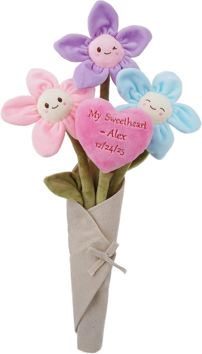 June Garden 17" Plush Flower Bouquet with Customizable Heart – 3 Soft Plush Flowers with Bendable Stems – Personalized Embroidered Gift for Valentine’s Day, Anniversary, Birthday, or Home Décor