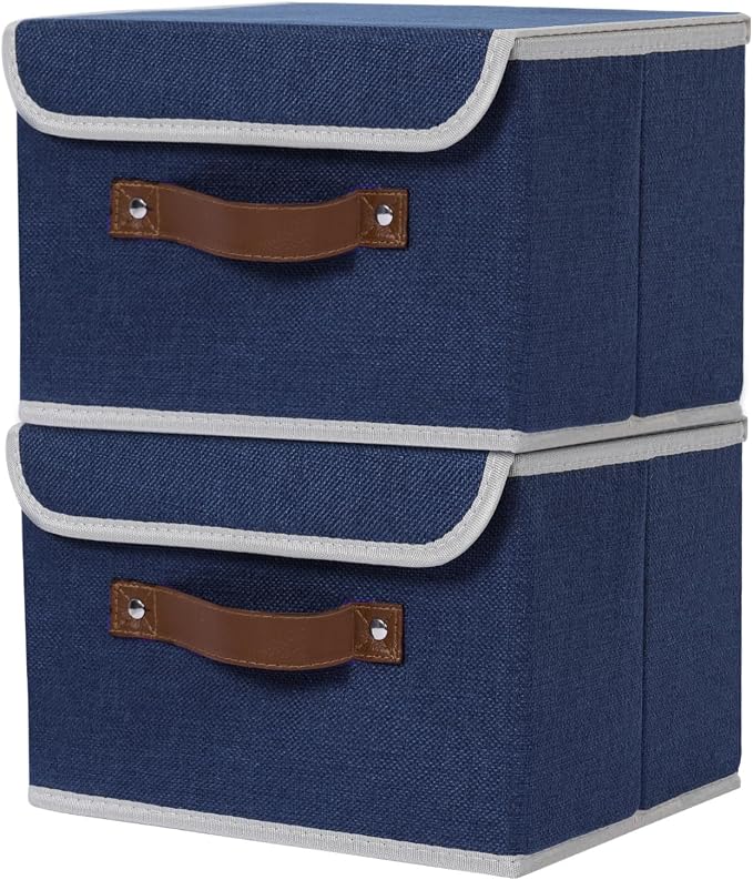 ANMINY Fabric Storage Box Bins with Lids, Blue, 13"x9"x7.9", 2 Pack | Keepsake Memory Storage, Cotton Linen, PP Board Reinforced, Washable, PU Handles, Foldable & Stackable, Decorative, Medium