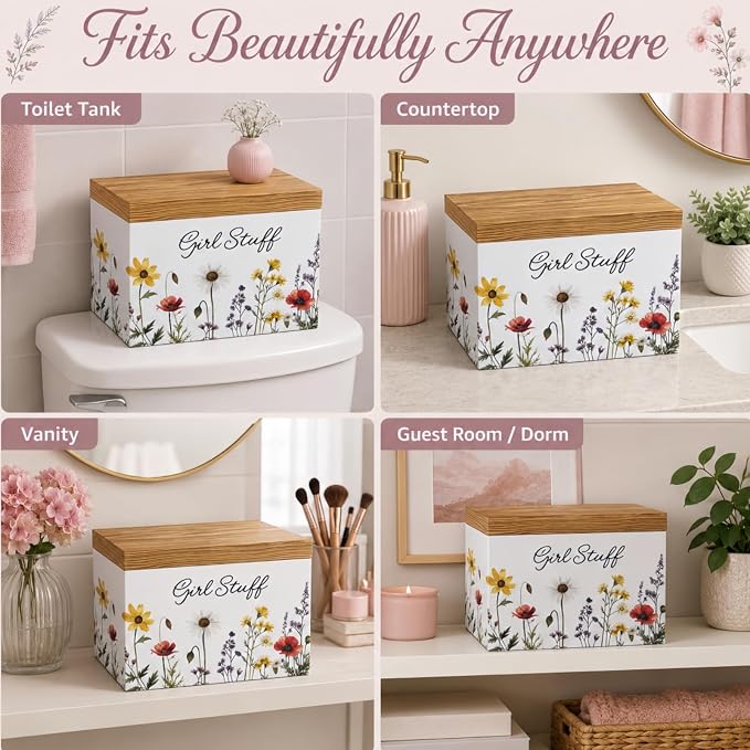 Mifoci Wildflower Tampon Holder for Bathroom, Decorative Feminine Product Organizer with Hinged Lid, Wooden Pad and Tampon Organizer Case Girl Lady Stuff Box for Bathroom Toilet Accessories