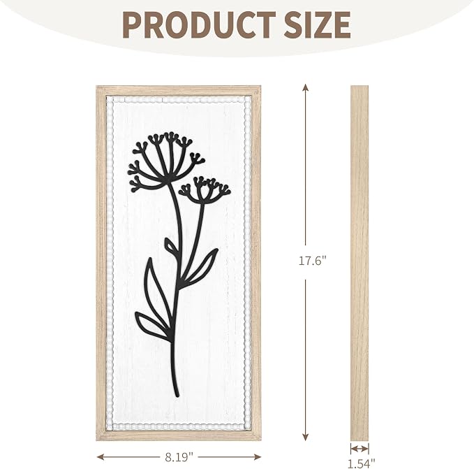 White Floral Bathroom Wall Decor Set of 4, Wood-Framed 3D Gallery Wall Art | Raised floral cutouts in rectangular frames, ready to hang; neutral boho farmhouse gallery decor for bedrooms and hallways