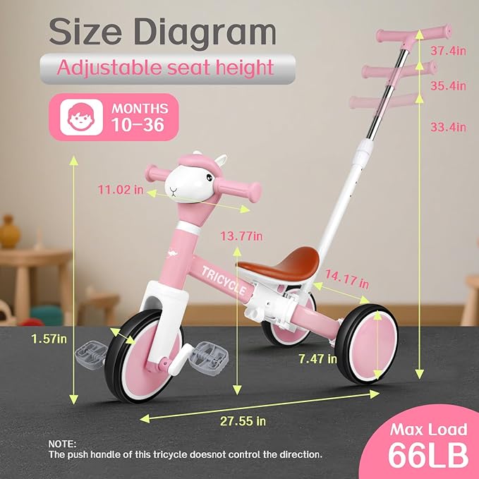 5-in-1 Toddler Tricycle with Lights & Music, Adjustable Push Kids Bike for 1-5 Year Olds, Toddler Balance Bike & Tricycle for Boys & Girls, Birthday Gift for 1 2 3 4 5 Year Old Kids (Pink)