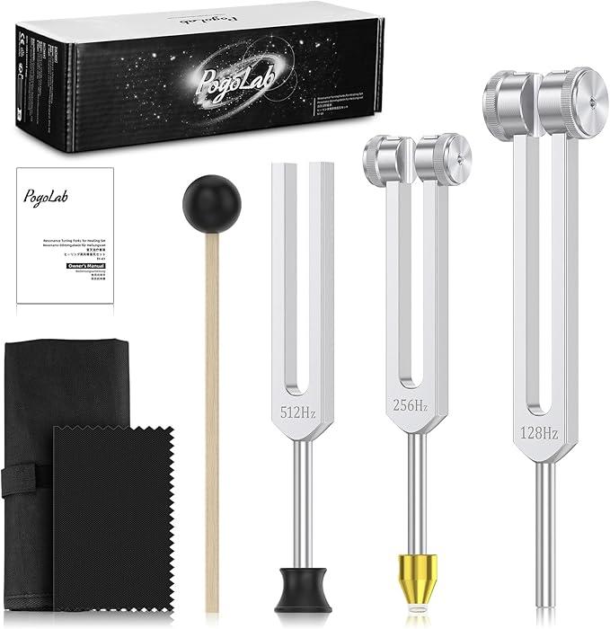 Tuning Forks for Healing Set (128Hz, 256Hz, 512Hz), with Percussion Hammer Mallet, Crystal Base & Storage Pouch, Sound Therapy Instrument for Chakra/Yoga/Meditation