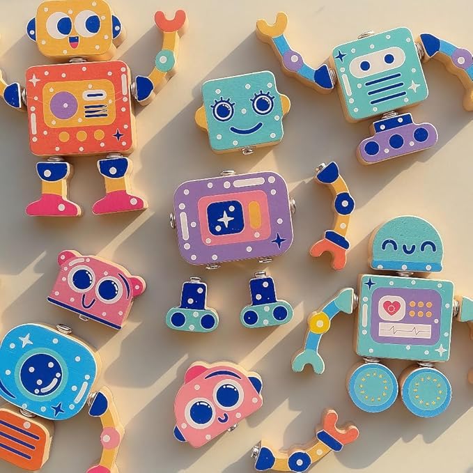Wooden Robots for Kids Building Blocks, Fine Motor Skills, Boys and Girls STEM Disassemblable Toy Sets, Suitable for Children Aged 3 to 8, Creative Building Toys