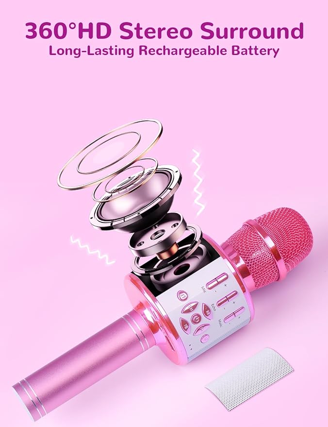 Amazmic Toys for Girls, Kids Karaoke Microphone Toddler Microphone for Kids with Lights, for Girls, Birthday Party Boys Toy Age 3 4 5 6 7 8+(Light Pink)