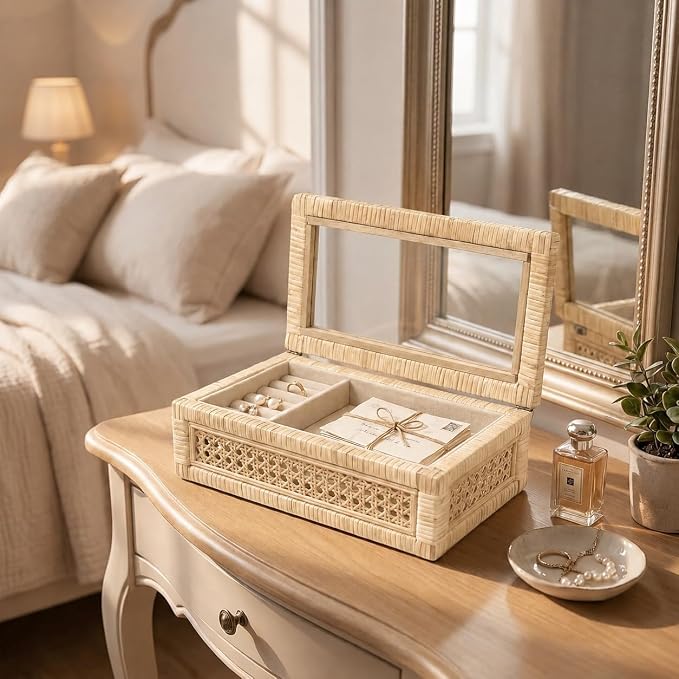 Rattan Decorative Boxes with Glass Lids | Set of 2 Handwoven Wood Display Storage Box for Keepsakes,Shelf Bedroom Coffee Table Home Decor, Boho Style