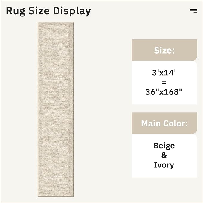 Soalmost Washable 3x14 Hallway Runner Rug Non-Slip Kitchen Entry Rugs Beige | Vintage Long Runners 14ft for Bathroom Entryway, Foldable Low-Pile Wide Floor Carpet Mat for Corridor Living Room Bedroom