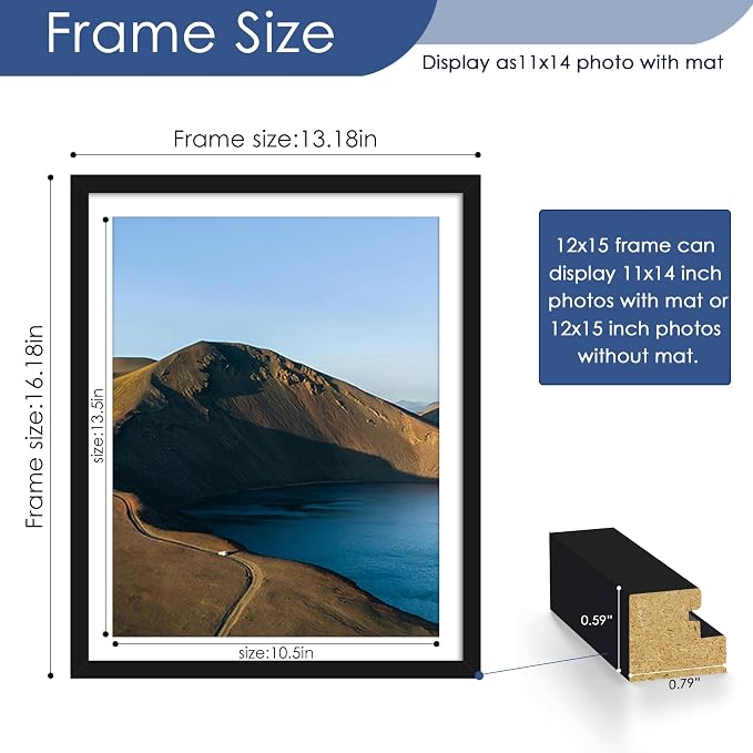 12x15 Picture Frame Set of 6, Wall Mount Display, Black | Display Pictures 11x14 with Mat or 12x15 Without Mat, Horizontal or Vertical, Gallery Wall Frame Set, Wedding Birthday Gifts
