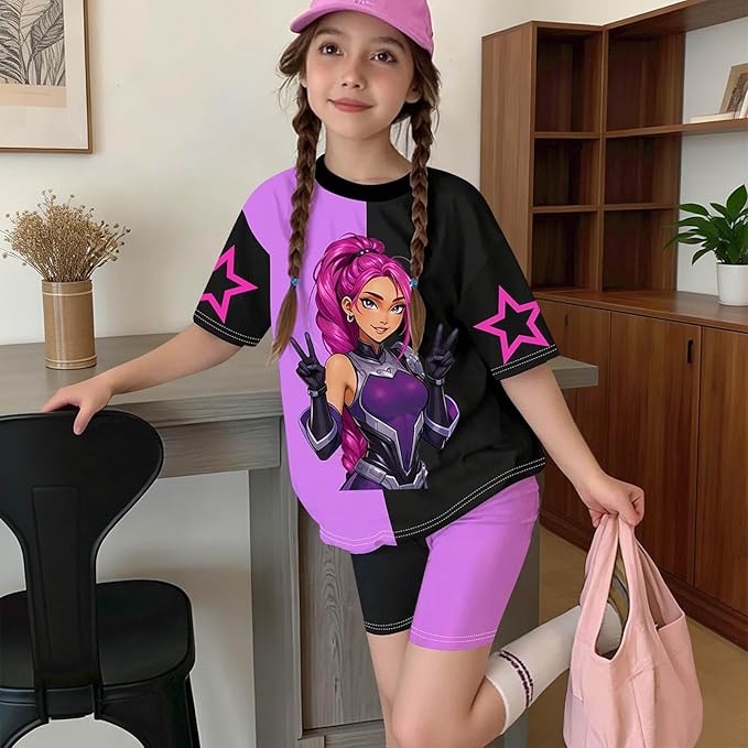 K-POP DEM0N Hunters Outfits for Girls, 2 Piece T-Shirts and Apparel Sets Birthday Gift