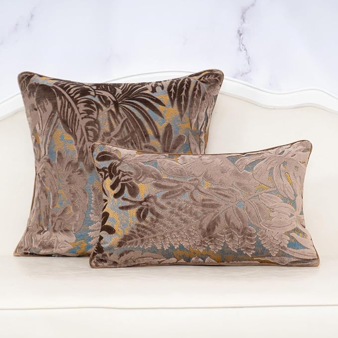 Alerfa Brown Throw Pillow Cover 20x20 Inch, Square Cut Velvet Maple Leaf Embroidery Luxury Farmhosue Accent Decorative Pillow Cover for Couch Living Room Bedroom