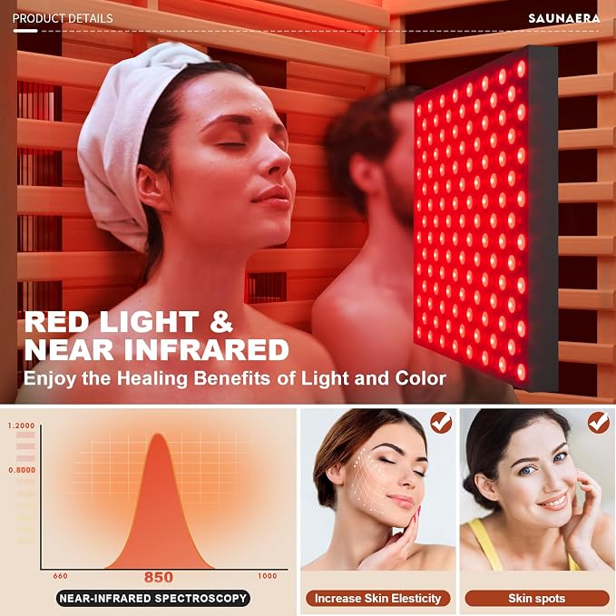 MEISSALIVVE Full Spectrum Infrared Sauna，2-3 Person Home Sauna，Wooden Canadian Hemlock Indoor Spa Sauna with Resonance Speaker, Panoramic Tempered Glass Door