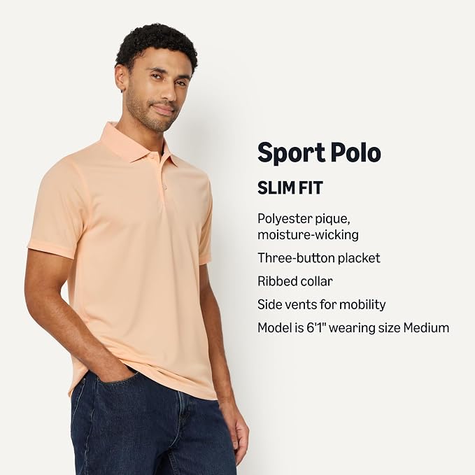 Amazon Essentials Men's Moisture Wicking Golf Polo Shirt, Short Sleeve, Slim-Fit, Quick-Dry, Active Wear