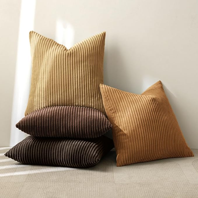 MIULEE Fall Corduroy Decorative Throw Pillow Covers Camel Brown 20x20 | Set of 4, Mordern Rustic Fall Decor, Wood-Tone Deep Browns, Boho Farmhouse Cushion Covers for Couch Bed Sofa Living Room