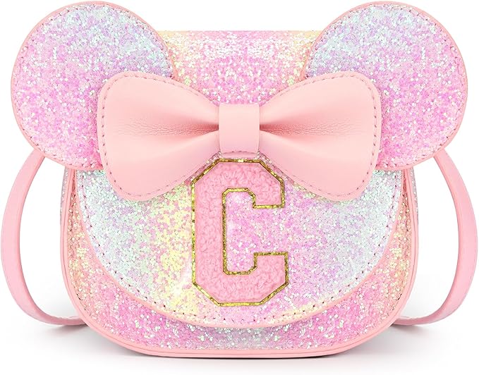 mibasies Toddler Purse Girl Gifts: Girls Birthday Gifts for 3-8 - Toys for Ages 2-4 Girls Mouse Ears Purse, Glitter Rainbow, Letter C