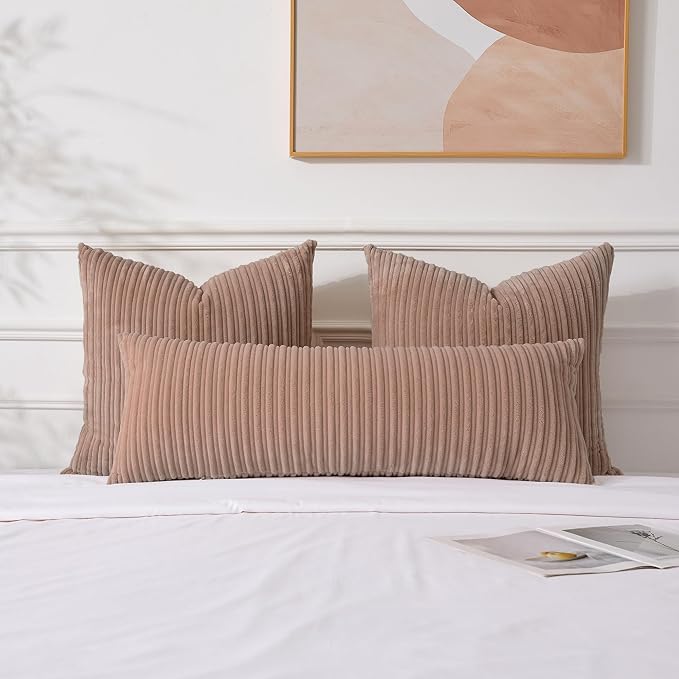 UGASA 14x36 Inch Pillow Cover Pack of 1 Soft Boho Stripe Corduroy Large Long Rectangle Lumbar Cushion Case Farmhouse Decorative Throw Pilowcase for Bed, Couch, Sofa, Bedroom, Living Room, Light Brown
