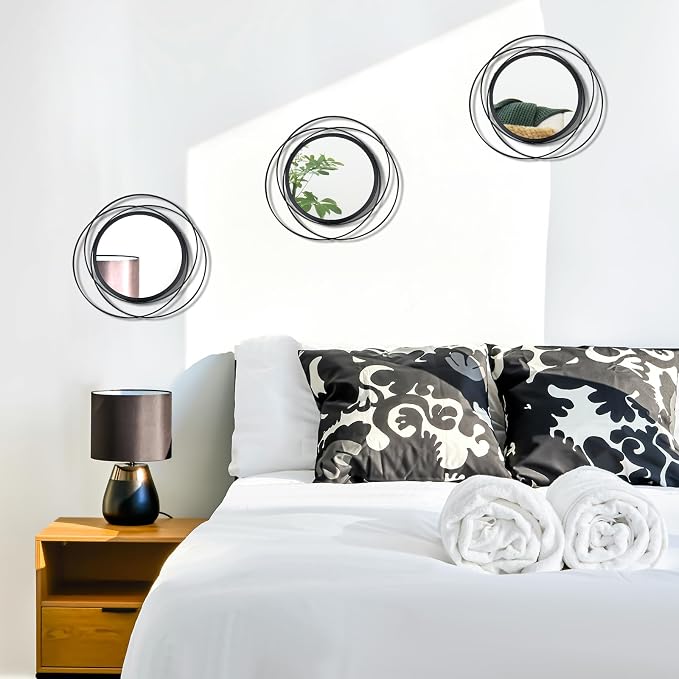 3 Set Round Mirrors for Wall Decor Living Room Bedroom Bathroom Dining Room Metal Circle Mirror Set Boho Decorative Sunburst Wall Art Accent Entryway - Black 9.5 in