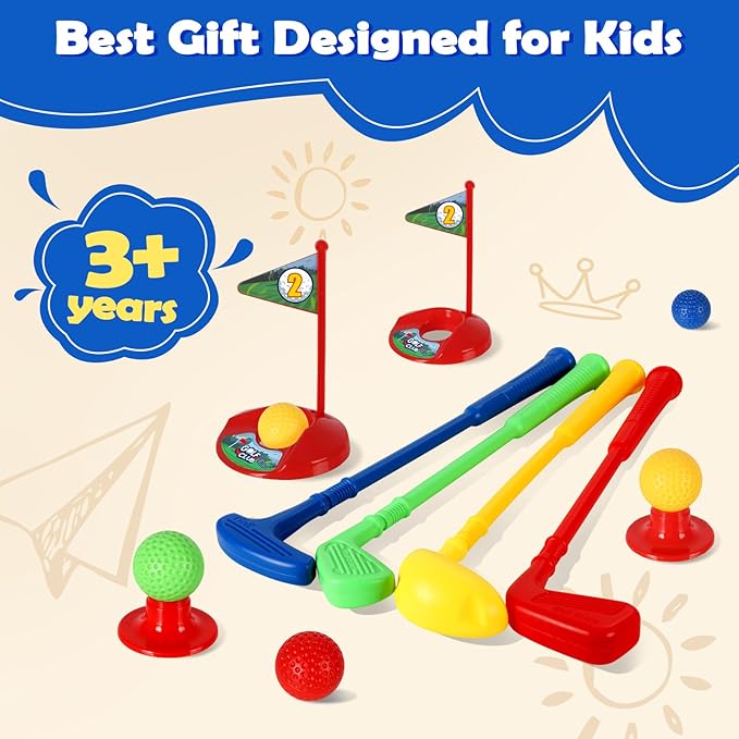 SUPER JOY Toddler Golf Set with Mat, Kids Golf Cart with 4 Clubs & 8 Balls, Indoor Outdoor Golf Toys for Boys Girls, Mini Golf Birthday Gifts for Baby 3-5 Years Old