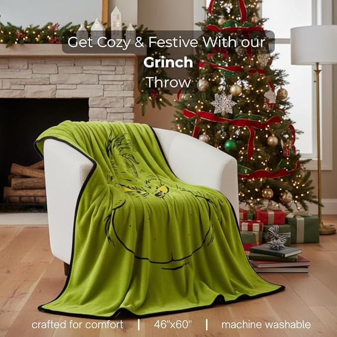 Collectibles Dr. Seuss The Grinch Holiday Christmas Bedding Super Plush Cozy Throw, 46 in x 60 in, (Officially Licensed Product) By Franco