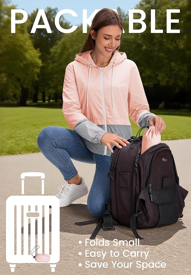 Zando Lightweight Rain Jacket Women Packable Waterproof Raincoat with Hood | Windbreaker Jacket Women, Light Raincoats for Drizzle, Rain Coats for Travel, Hiking and Commute