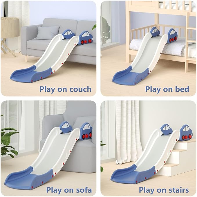 Toddler Slide for Bed Couch for Stairs Slide Extended Widened Plastic Indoor Toy Easy to Assemble Store Car Blue Plus