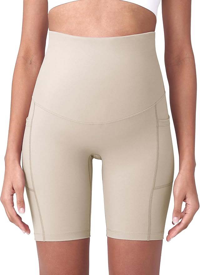 POSHDIVAH Women's Maternity Yoga Shorts Over The Belly Bump Summer Workout Running Active Short Pants with Pockets 5"/8"
