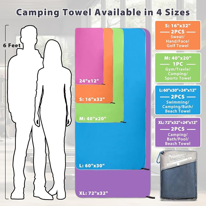 SYOURSELF 2 Pack Microfiber Camping Towel, Quick Dry Towel, Soft Absorbent Compact Travel Gym Workout Sweat Towel for Beach Yoga Swim Travel Camping Hiking Backpack Essentials (L:60"x30"+12"x24")