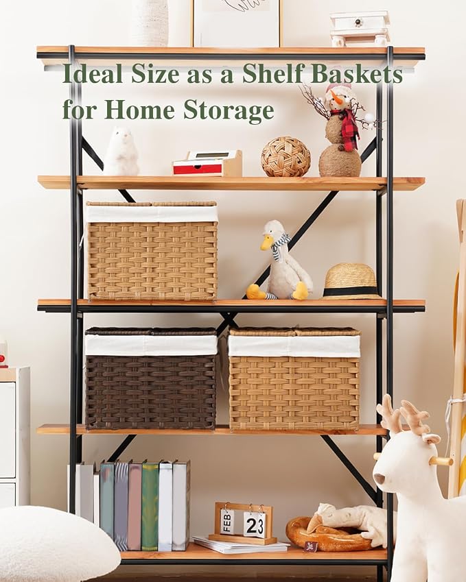 SETVSON Storage Basket with Lid Woven Wicker Baskets, 35L Natural | 9.2 Gallon Storage Bin with 2 Separate Lids, 2 Removable Liner Bags with Divider for Small Clothes, Sturdy Metal Frame