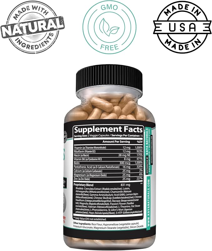 Kaya Naturals - Natural Herbal Stress Relief Support Vitamin Supplement to Relax and Calm the Mind - Boost Mood - Happy Pills - Anxiousness Support - 30 Capsules