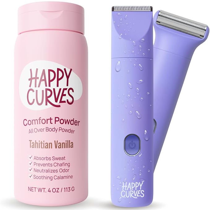 HAPPY CURVES Talc-Free Anti-Chafe Comfort Powder (Tahitian Vanilla) & Smoothie 2.0 Waterproof Bikini Trimmer (Berry) Bundle - Intimate Care for Women