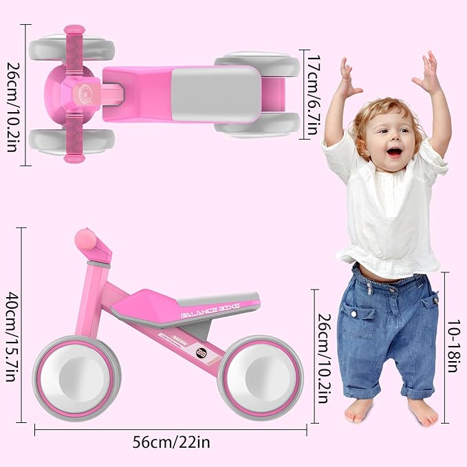 Colorful Lighting Baby Balance Bike Toys for 1 Year Old Girls Gifts, Toddler First Bike 12-24 Months with Adjustable Soft Seat, 4 Silent Wheels Ride on Toy, Perfect First Birthday Gift