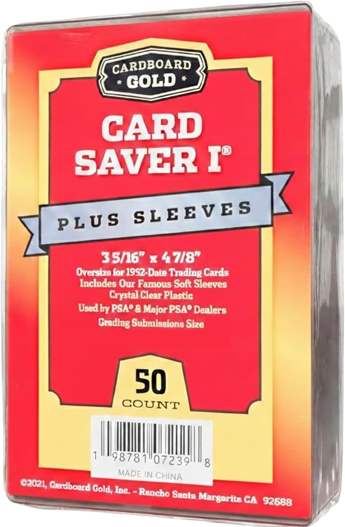 Cardboard Gold Card Saver 1 w/Sleeves - 50 Count - Semi Rigid Card Holder, Trading Card Protectors - PSA-Approved Cardsaver for Baseball, Trading, Sports Cards, Binder, & Storage Box Compatible